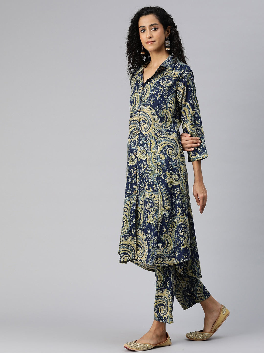 A Line Style Cotton Fabric Blue Color Kurta And Bottom