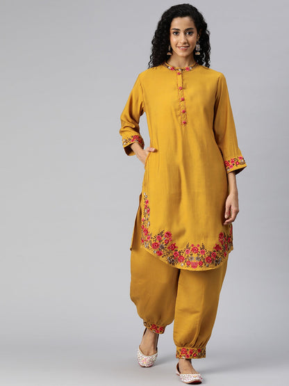 Straight Style Silk Fabric Mustard Color Kurta And Bottom