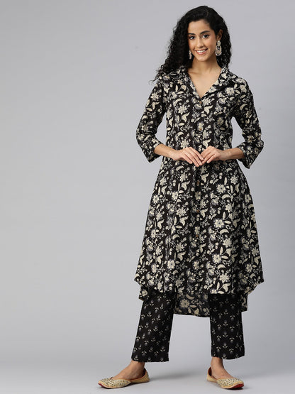 A Line Style Cotton Fabric Black Color Kurta And Bottom