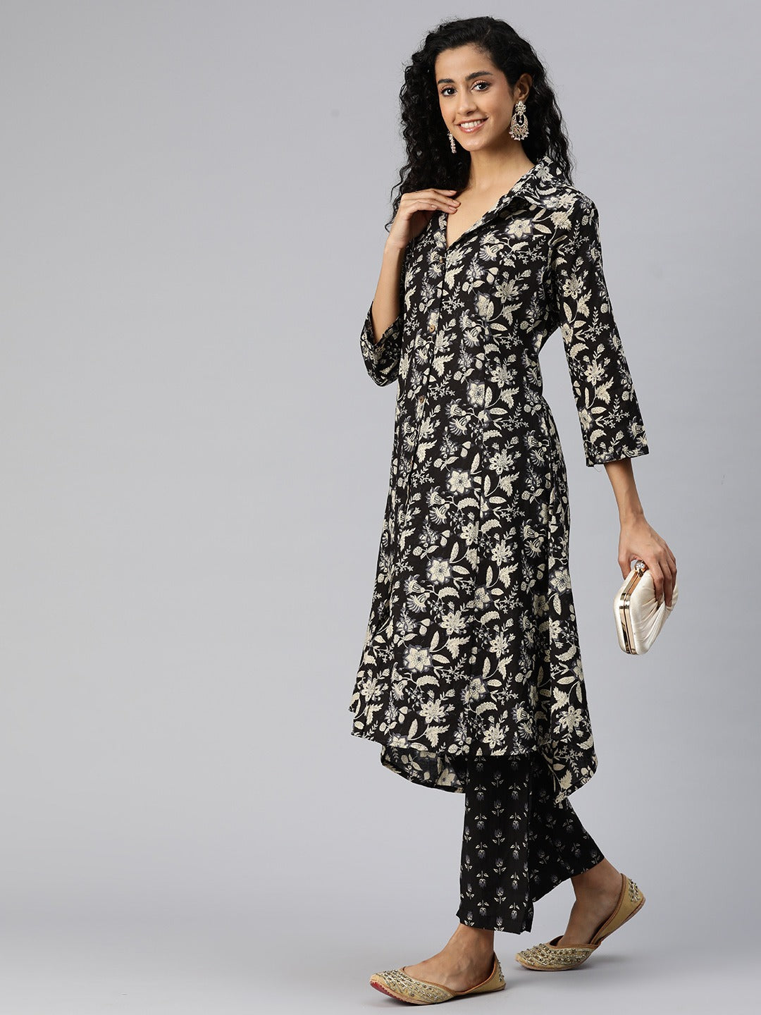 A Line Style Cotton Fabric Black Color Kurta And Bottom