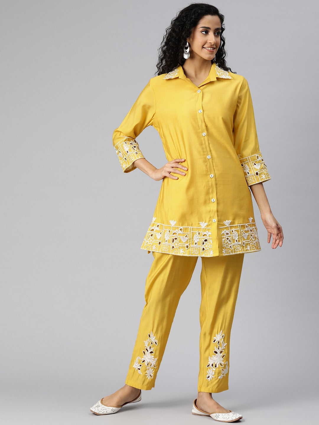 Shirt Style Silk Fabric Yellow Color Kurta And Bottom