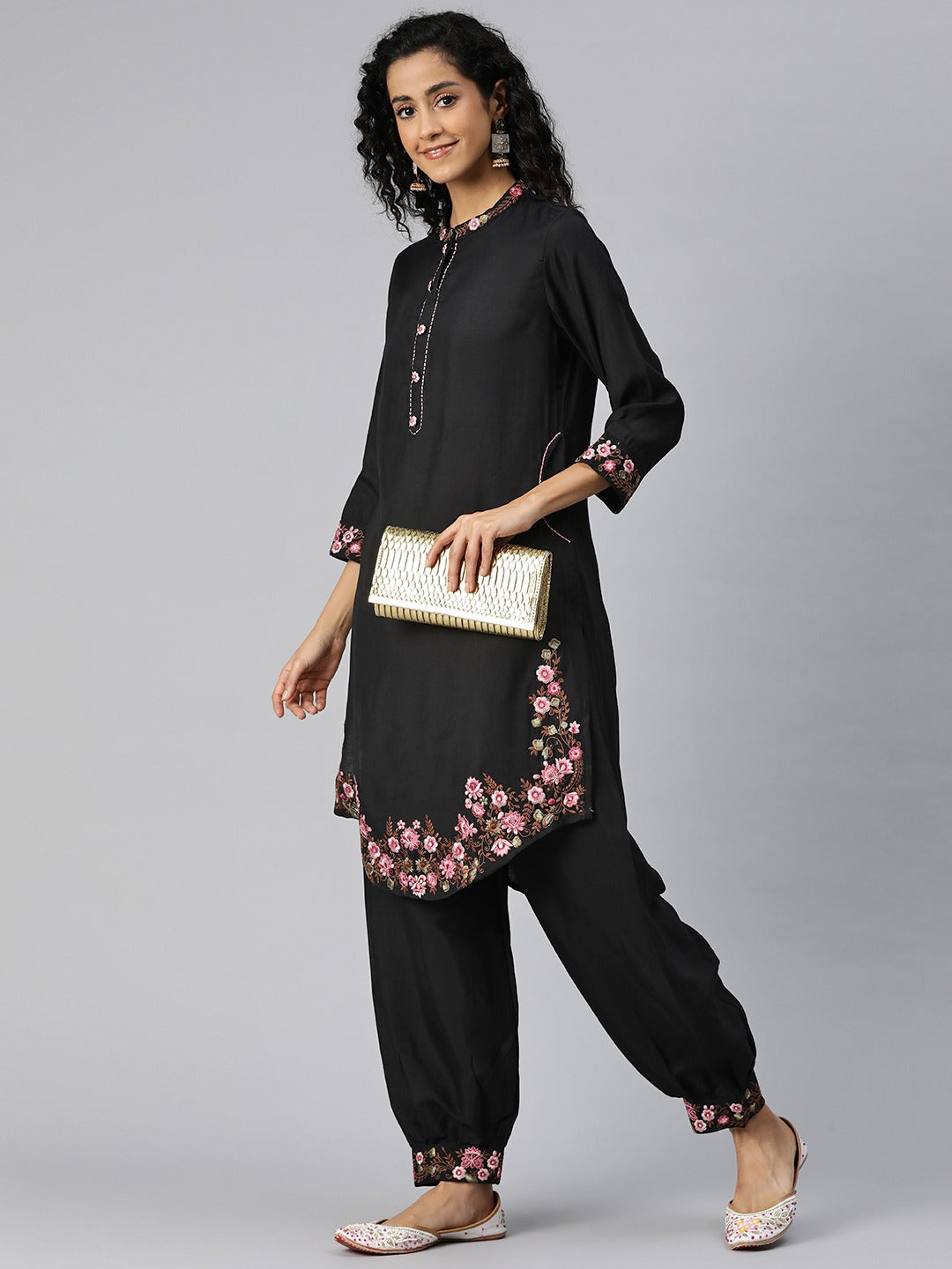 Straight Style Silk Fabric Black Color Kurta And Bottom