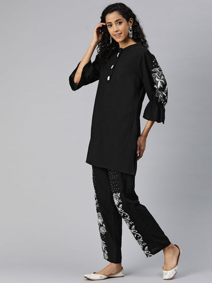 A Line Style Cotton Fabric Black Color Kurta And Bottom