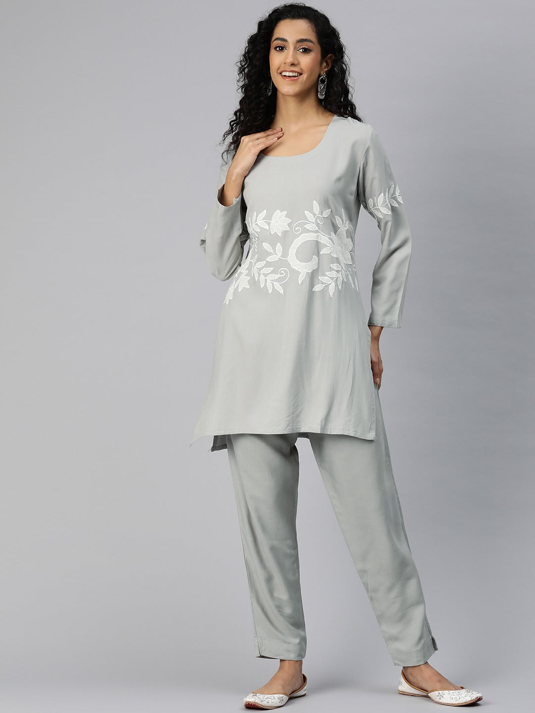 Straight Style Rayon Fabric Grey Color Kurta And Bottom