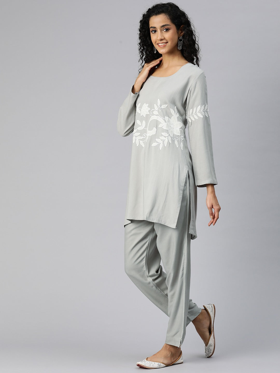 Straight Style Rayon Fabric Grey Color Kurta And Bottom