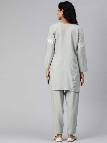 Straight Style Rayon Fabric Grey Color Kurta And Bottom