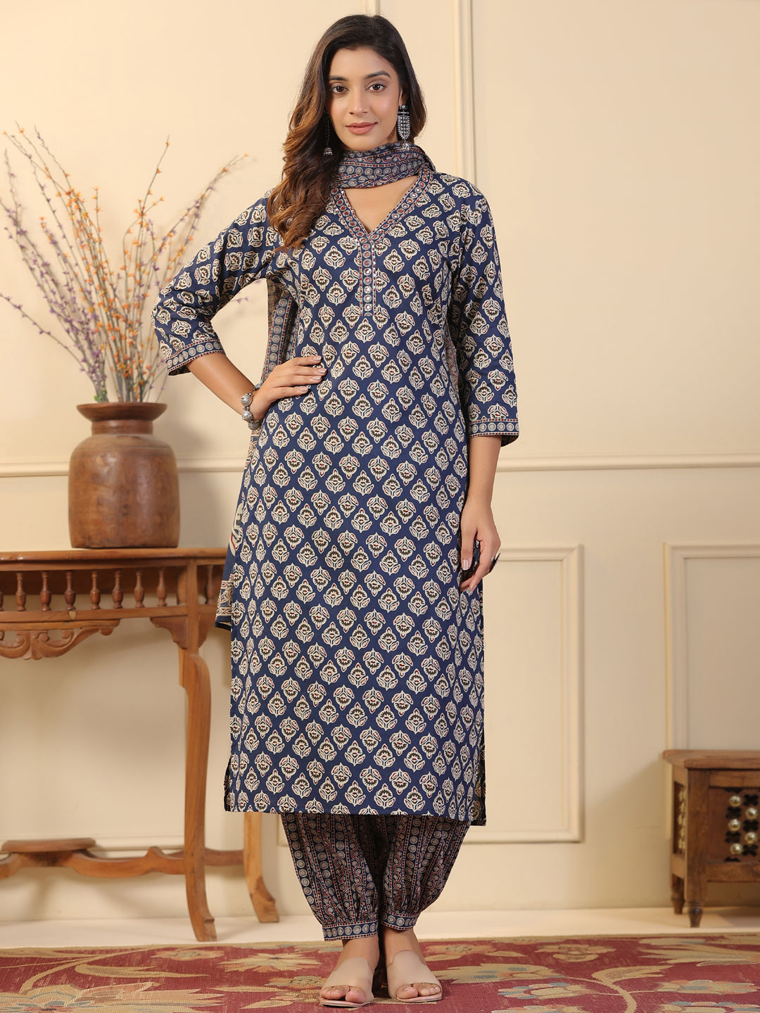 Straight Style Cotton Fabric Blue Color Kurta And Bottom With Dupatta