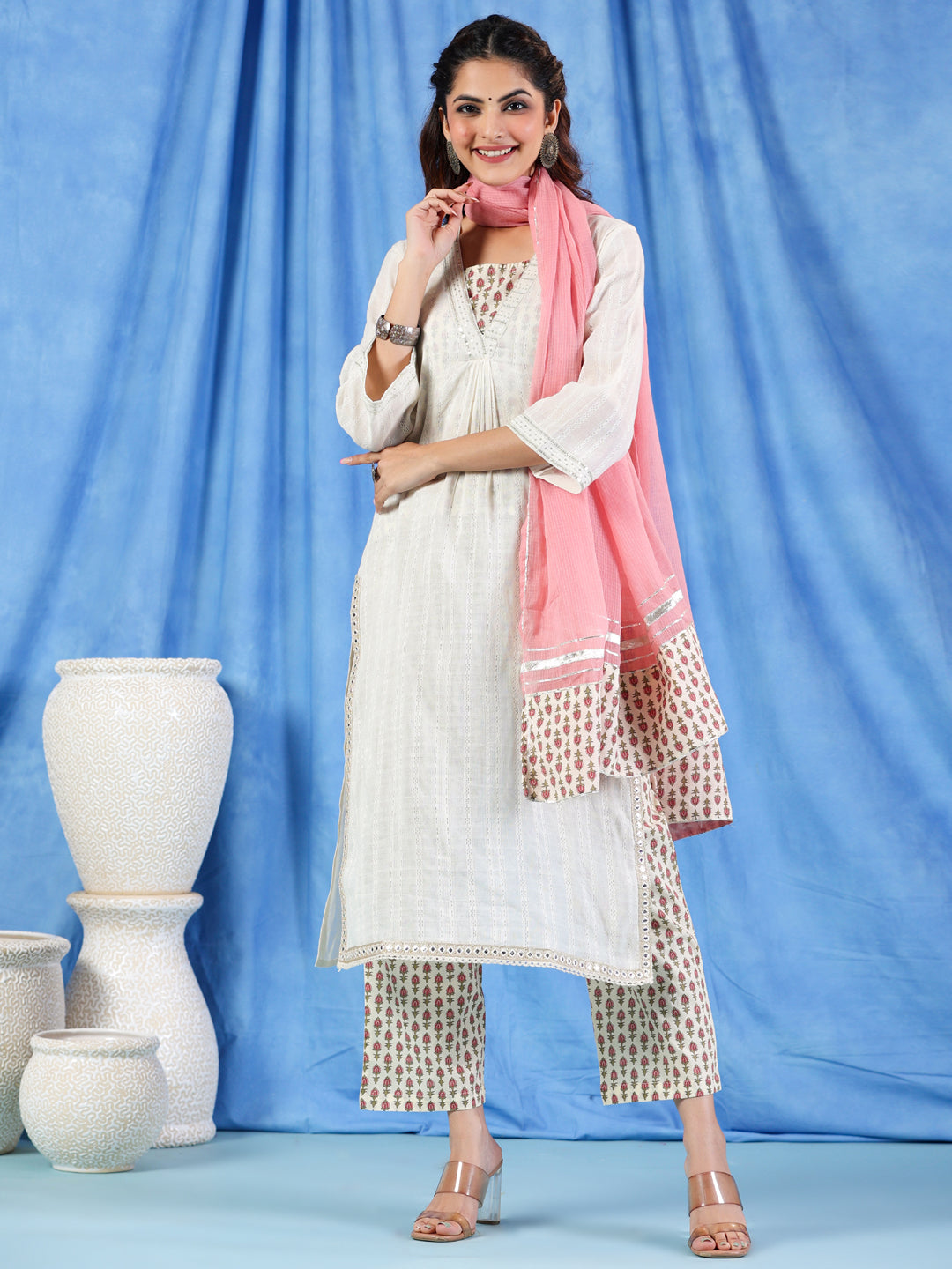 Straight Style Cotton Fabric Off White Color Kurta And Bottom With Dupatta