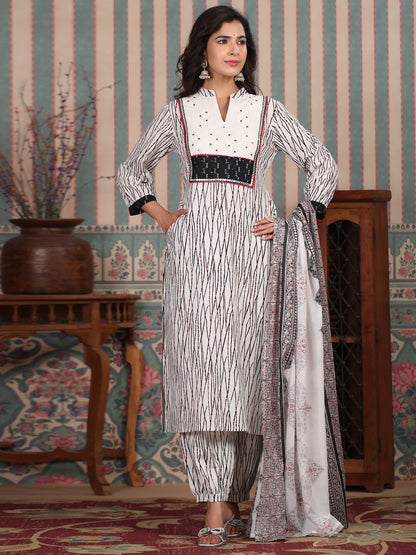 A Line Style Cotton Fabric White Color Kurta And Bottom With Dupatta