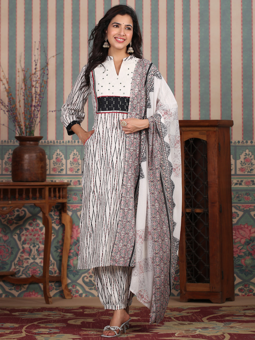 A Line Style Cotton Fabric White Color Kurta And Bottom With Dupatta