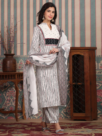 A Line Style Cotton Fabric White Color Kurta And Bottom With Dupatta