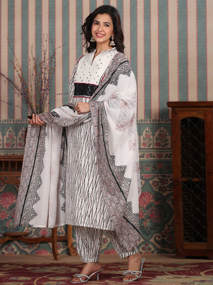 A Line Style Cotton Fabric White Color Kurta And Bottom With Dupatta