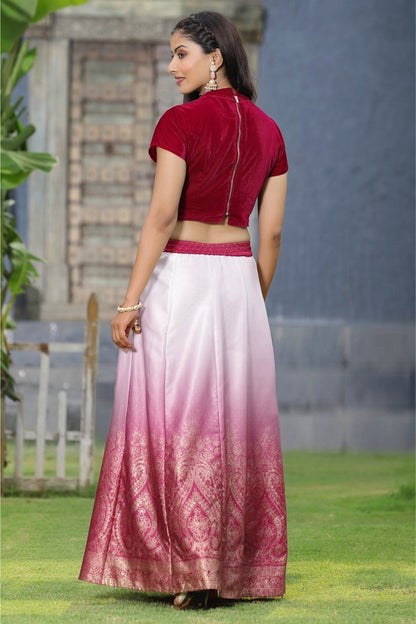 Wine Velvet & Dull Satin Embroidered Lehenga Choli Set