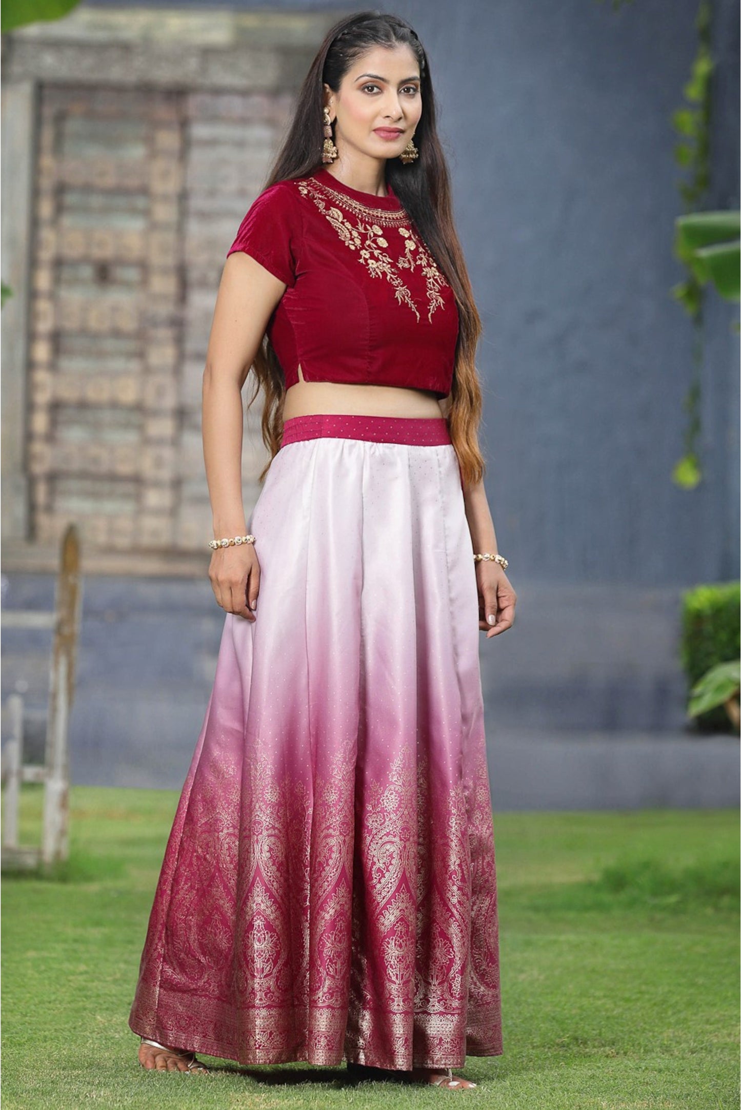 Wine Velvet & Dull Satin Embroidered Lehenga Choli Set