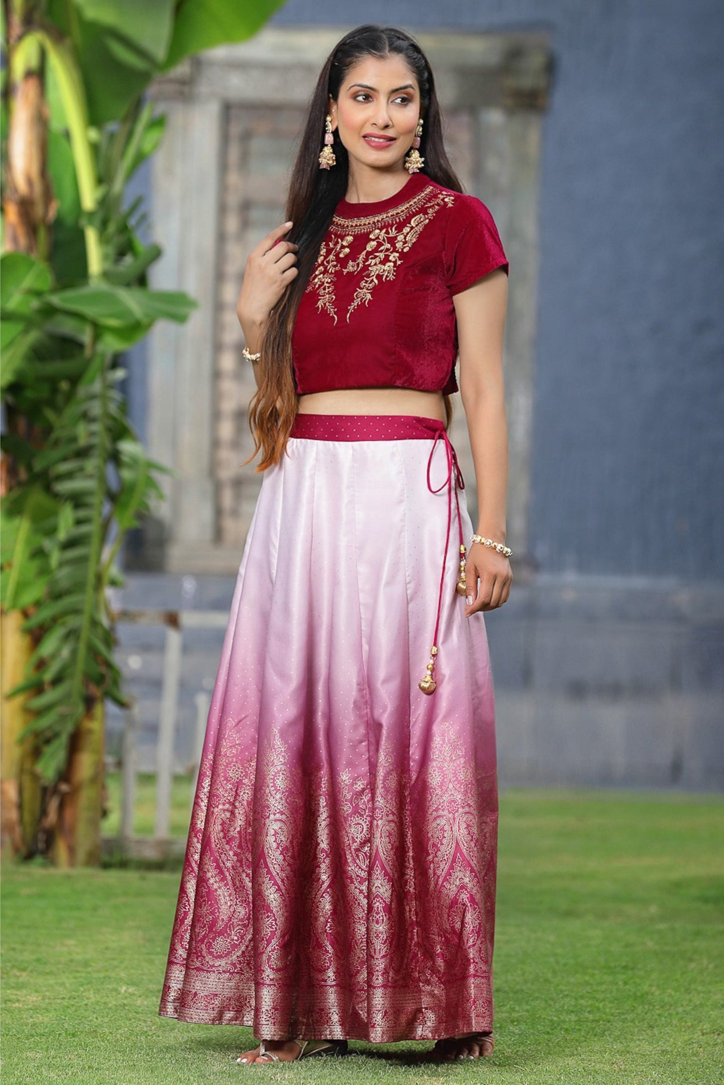 Wine Velvet & Dull Satin Embroidered Lehenga Choli Set