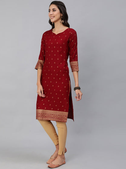 Women Maroon & Gold Printed Straight Kurta With Three Quarter sleeves