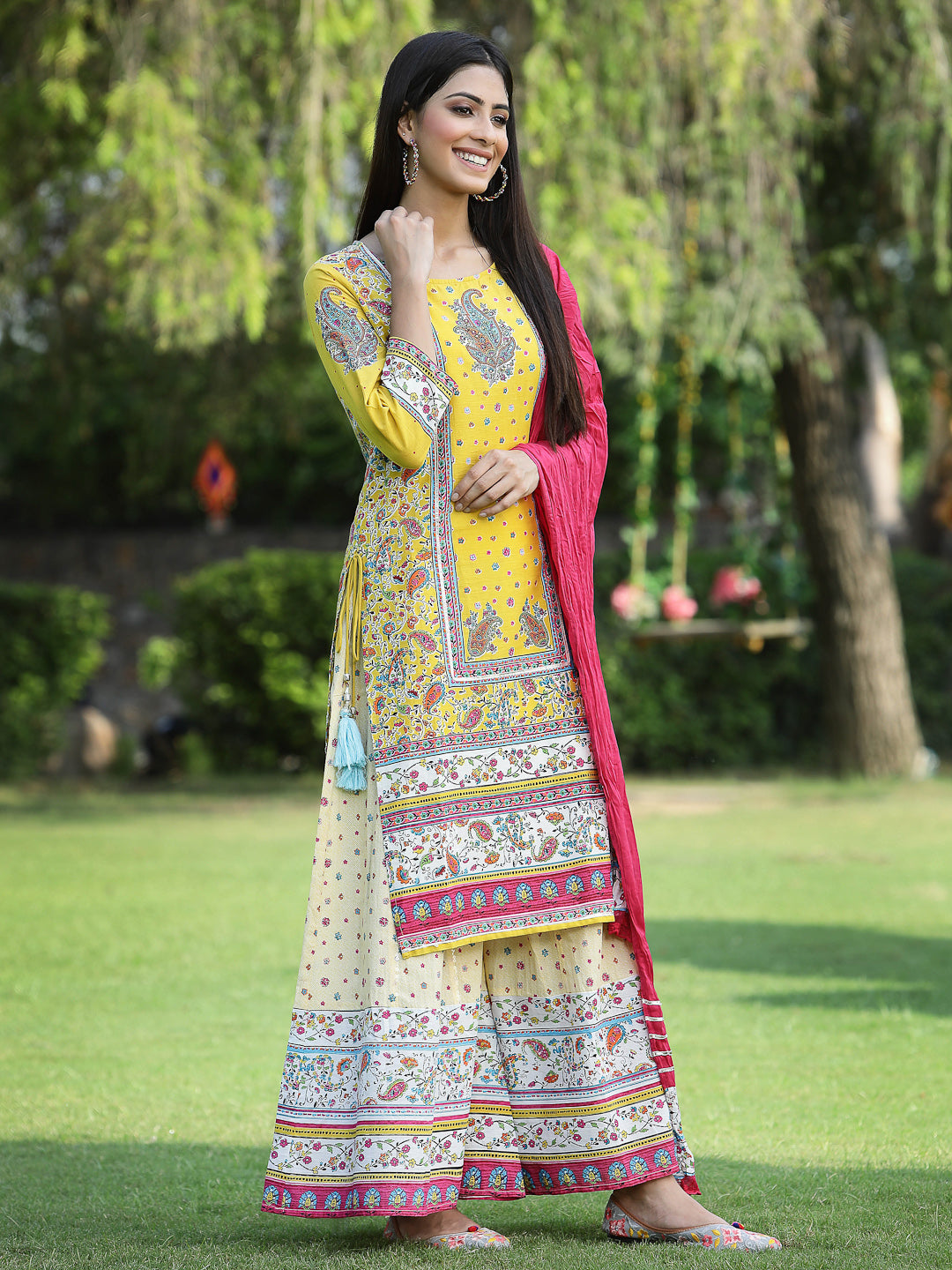 Yellow Cambric Printed Straight Kurta Sets