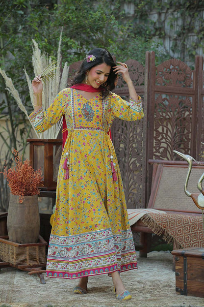 Yellow Cambric Printed Anarkali Dress