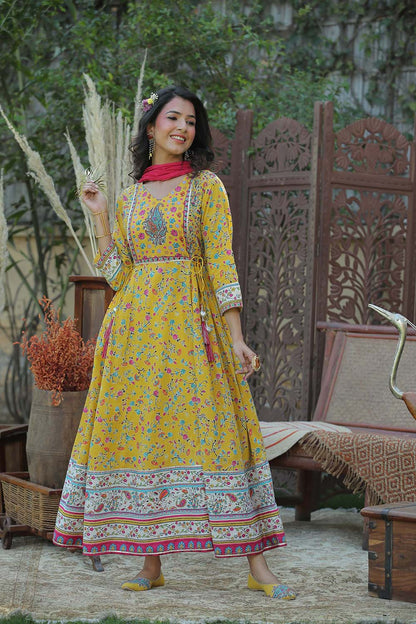 Yellow Cambric Printed Anarkali Dress