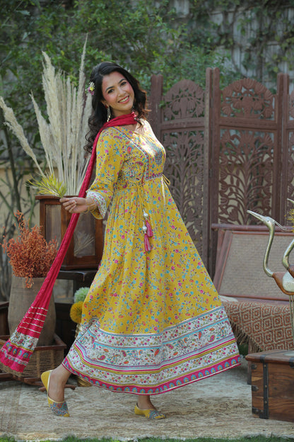 Yellow Cambric Printed Anarkali Dress