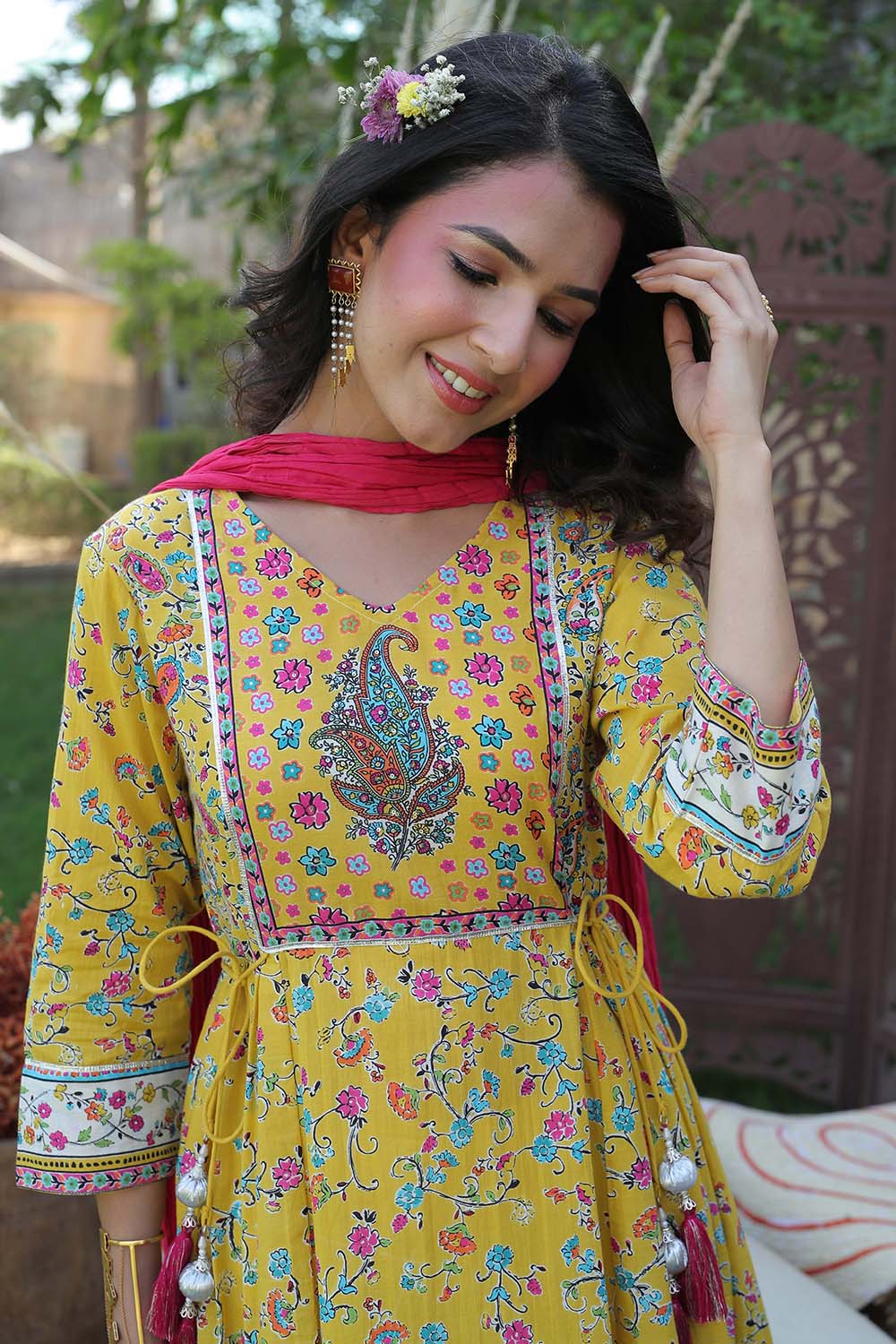 Yellow Cambric Printed Anarkali Dress