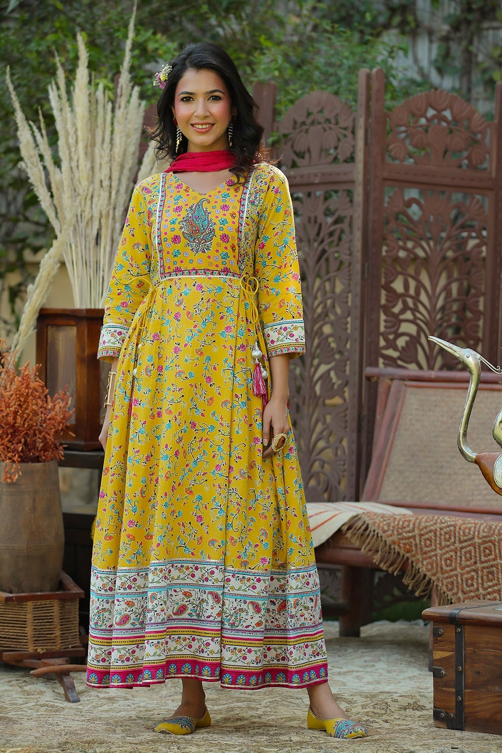 Yellow Cambric Printed Anarkali Dress