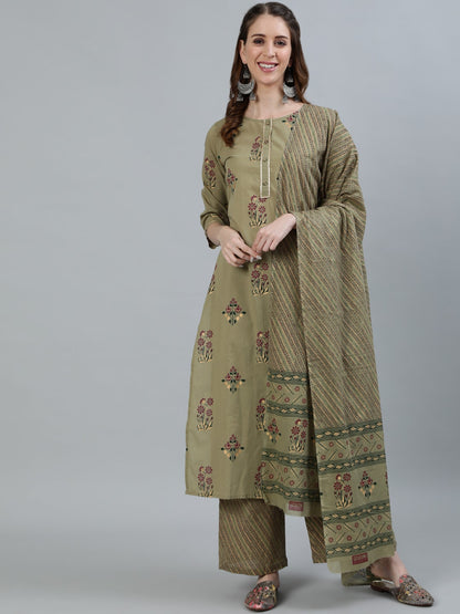 Women Olive Green Printed Straight kurta with Plazo & Dupatta