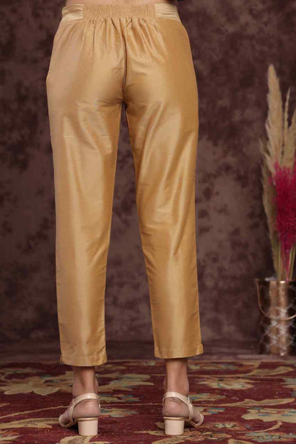 Gold Poly Silk Solid Slim Fit Pant/Slim Pant