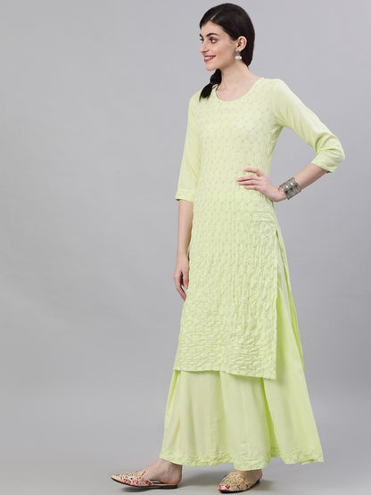 Women Lime Yellow Three-Quarter Sleeves Straight Kurta Skirt Set With Dupatta