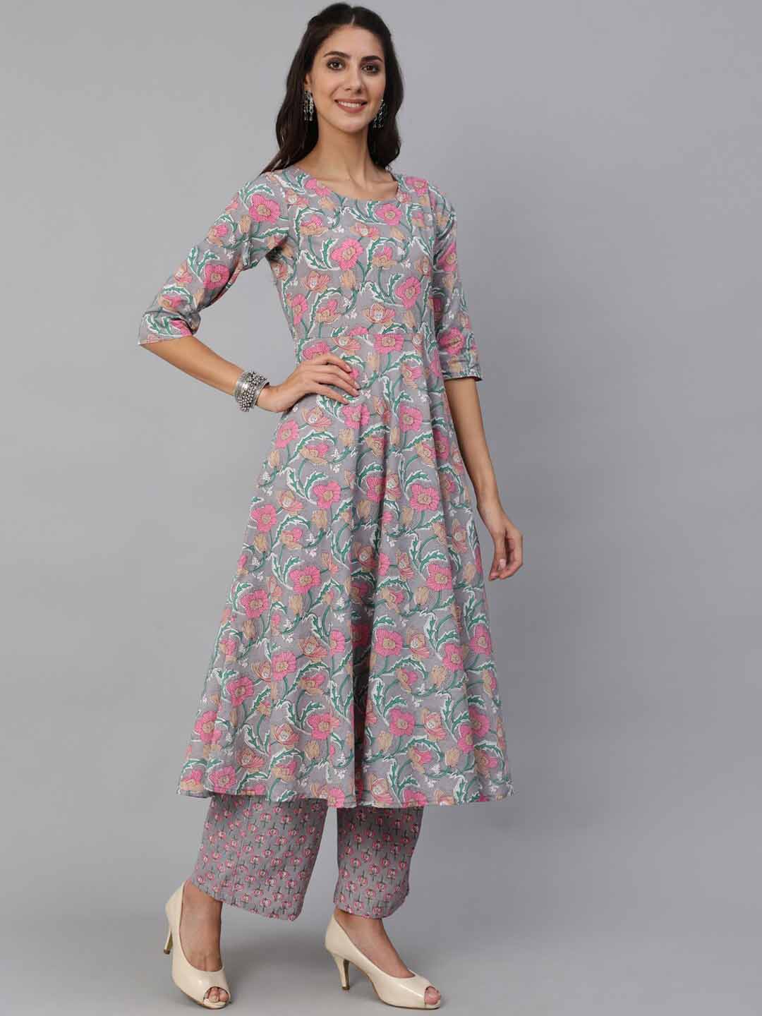 Women Grey Floral Printed Kurta Set With Palazo & Dupatta