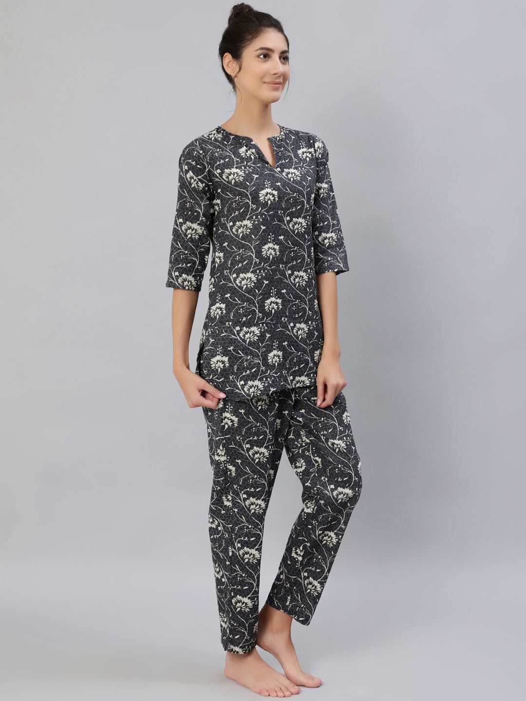 Women Grey Floral Printed Night Suit Set