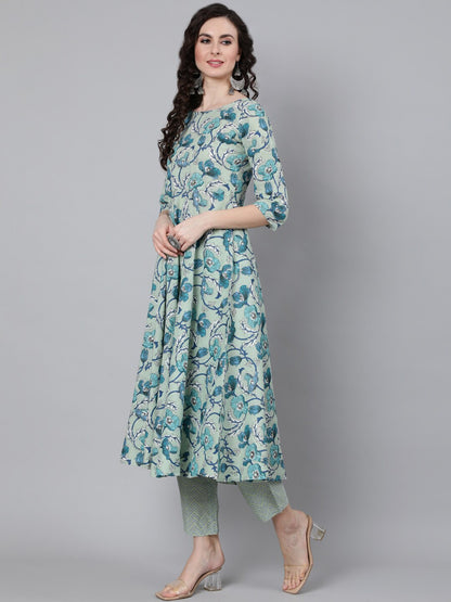 Women Sage Green Floral Printed Kurta With Trouser & Dupatta