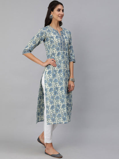 Women Blue & Cream Floral Printed Straight Kurta With Three Quarter Sleeves