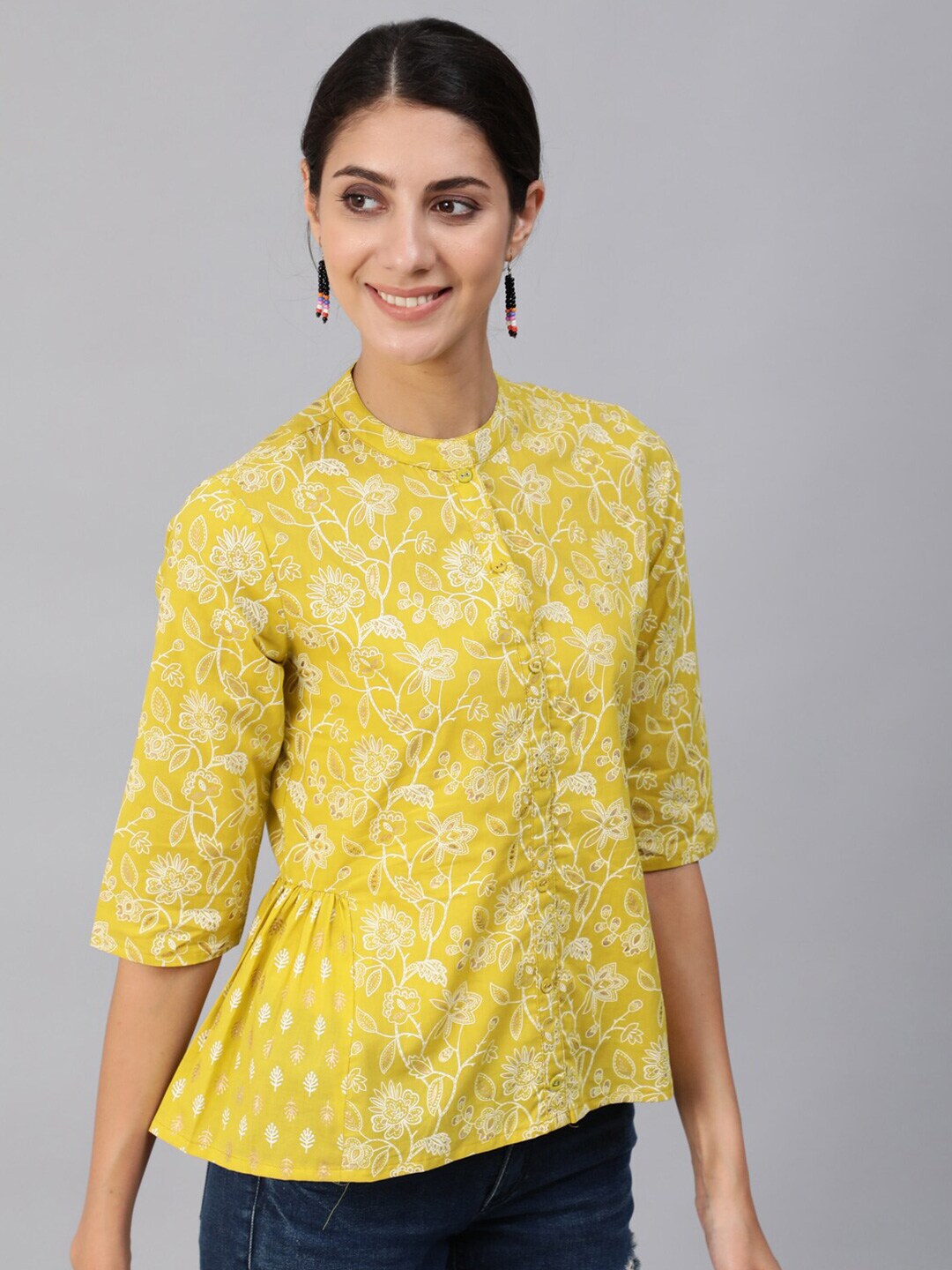 Women Green & Gold Printed Top With Three Quarter Flared Sleeves