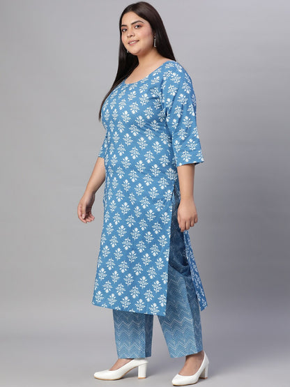 Women Blue Printed Straight Kurta with Plazo & Dupatta