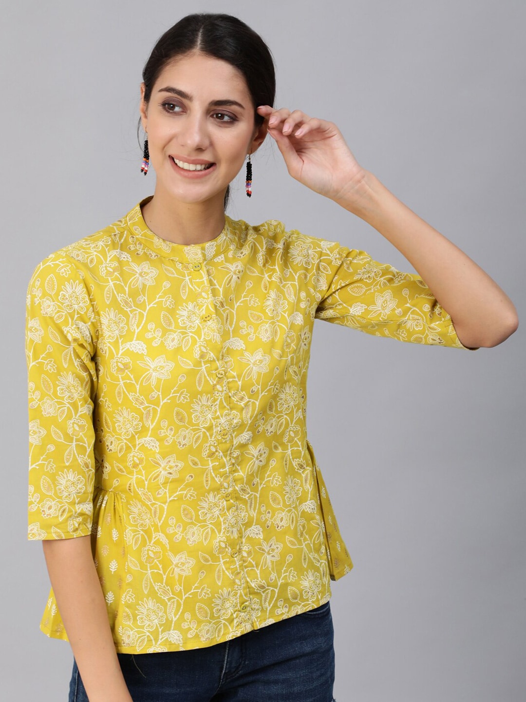 Women Green & Gold Printed Top With Three Quarter Flared Sleeves