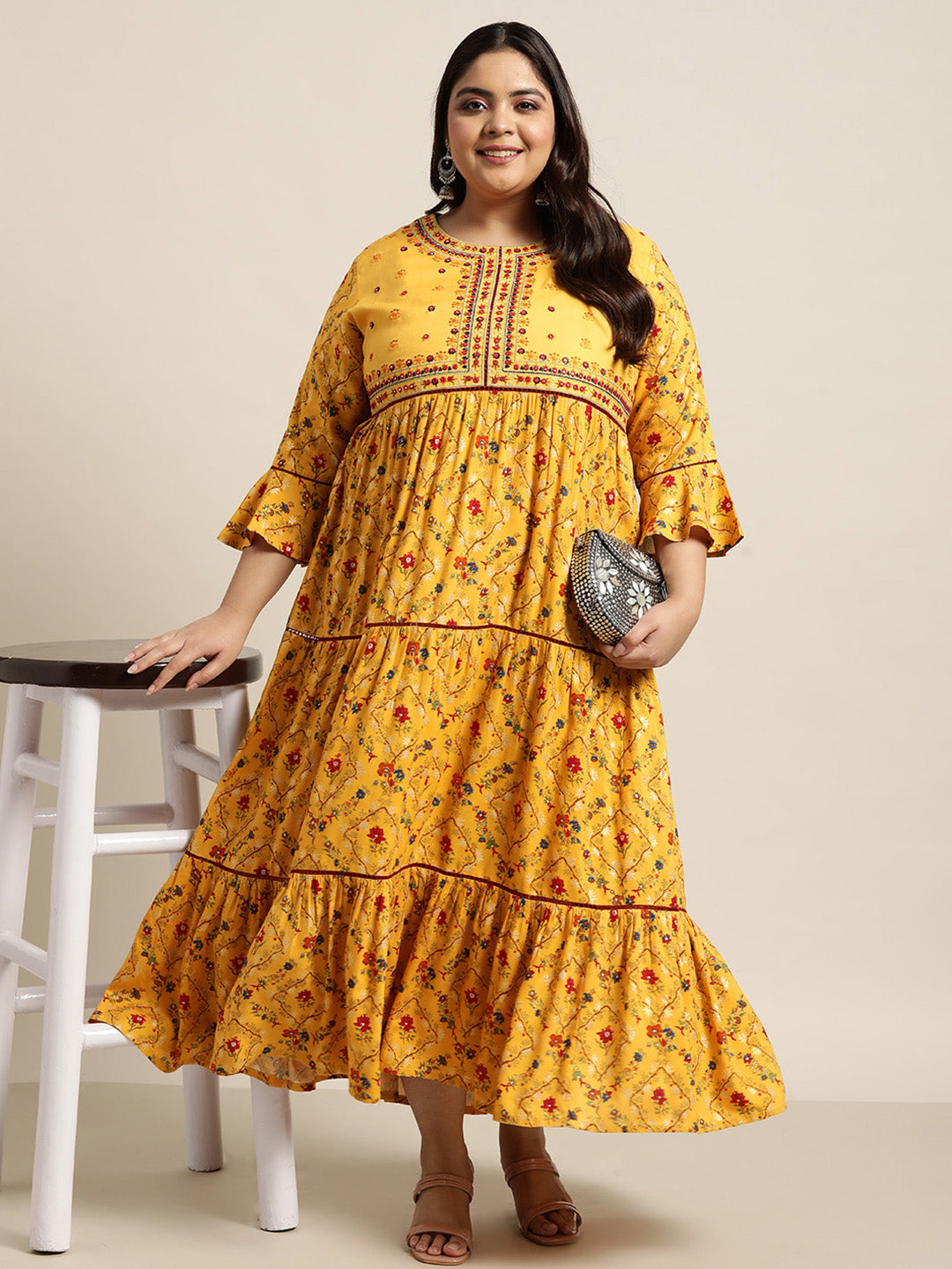 Yellow Rayon Festive Wear Embroidered & Printed Tiered Dress