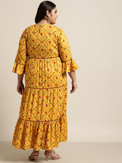 Yellow Rayon Festive Wear Embroidered & Printed Tiered Dress