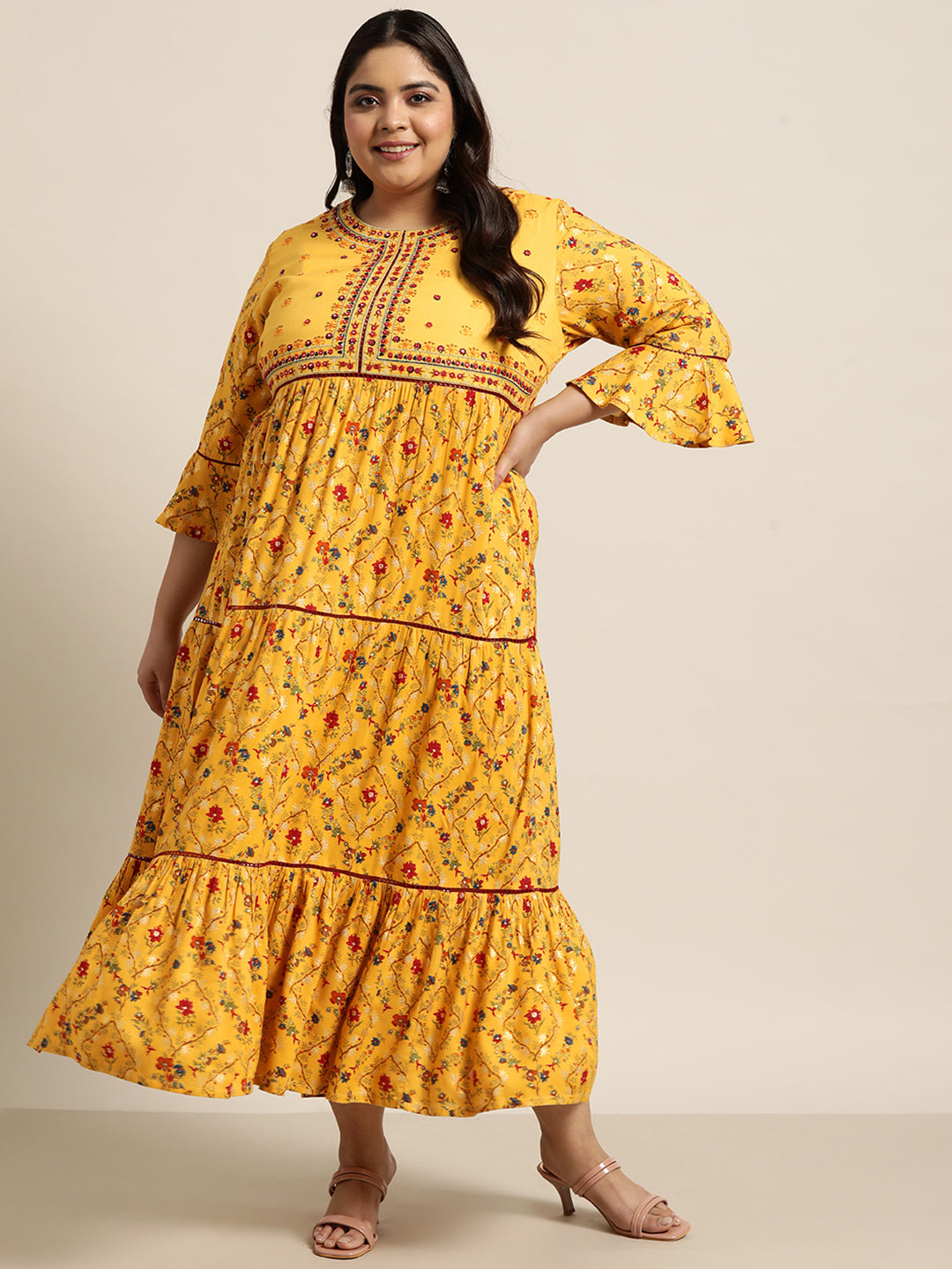 Yellow Rayon Festive Wear Embroidered & Printed Tiered Dress