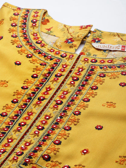 Yellow Rayon Festive Wear Embroidered & Printed Tiered Dress