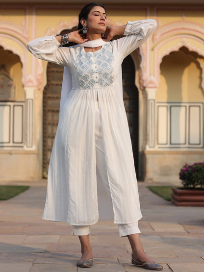 White Cotton Dobby Embroidered Kurta, Pant & Dupatta Set