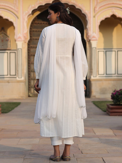 White Cotton Dobby Embroidered Kurta, Pant & Dupatta Set