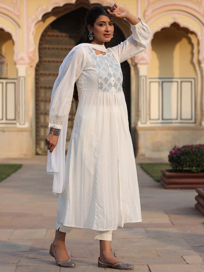 White Cotton Dobby Embroidered Kurta, Pant & Dupatta Set