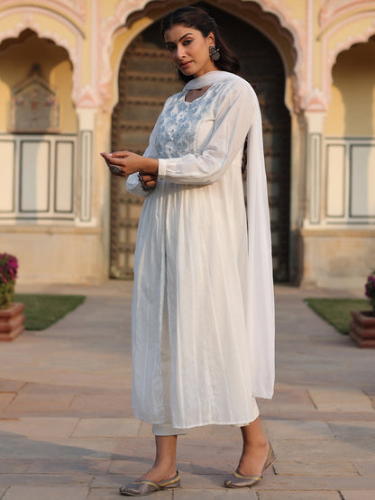 White Cotton Dobby Embroidered Kurta, Pant & Dupatta Set