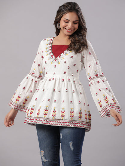 White Cotton Dobby Embroidered Peplum Tunic