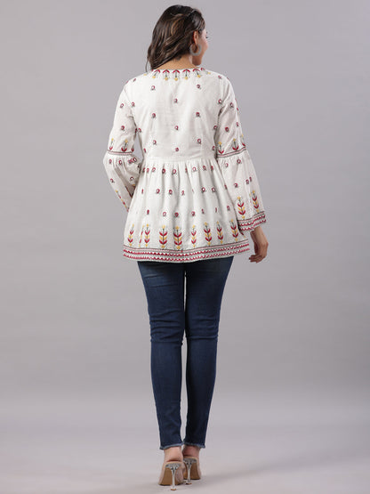 White Cotton Dobby Embroidered Peplum Tunic