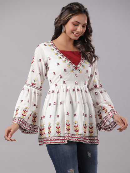 White Cotton Dobby Embroidered Peplum Tunic