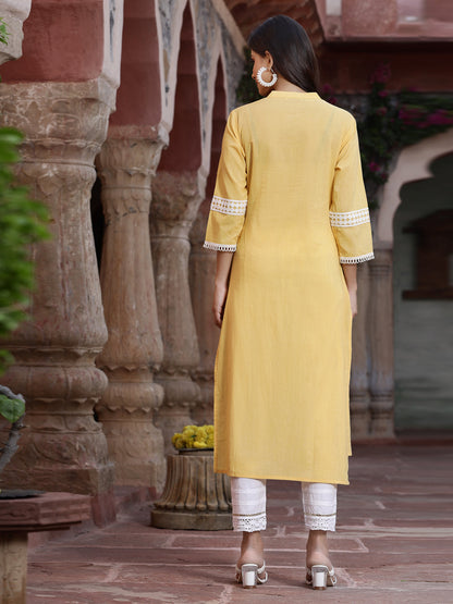 Yellow Cambric Embroidered Straight Kurta