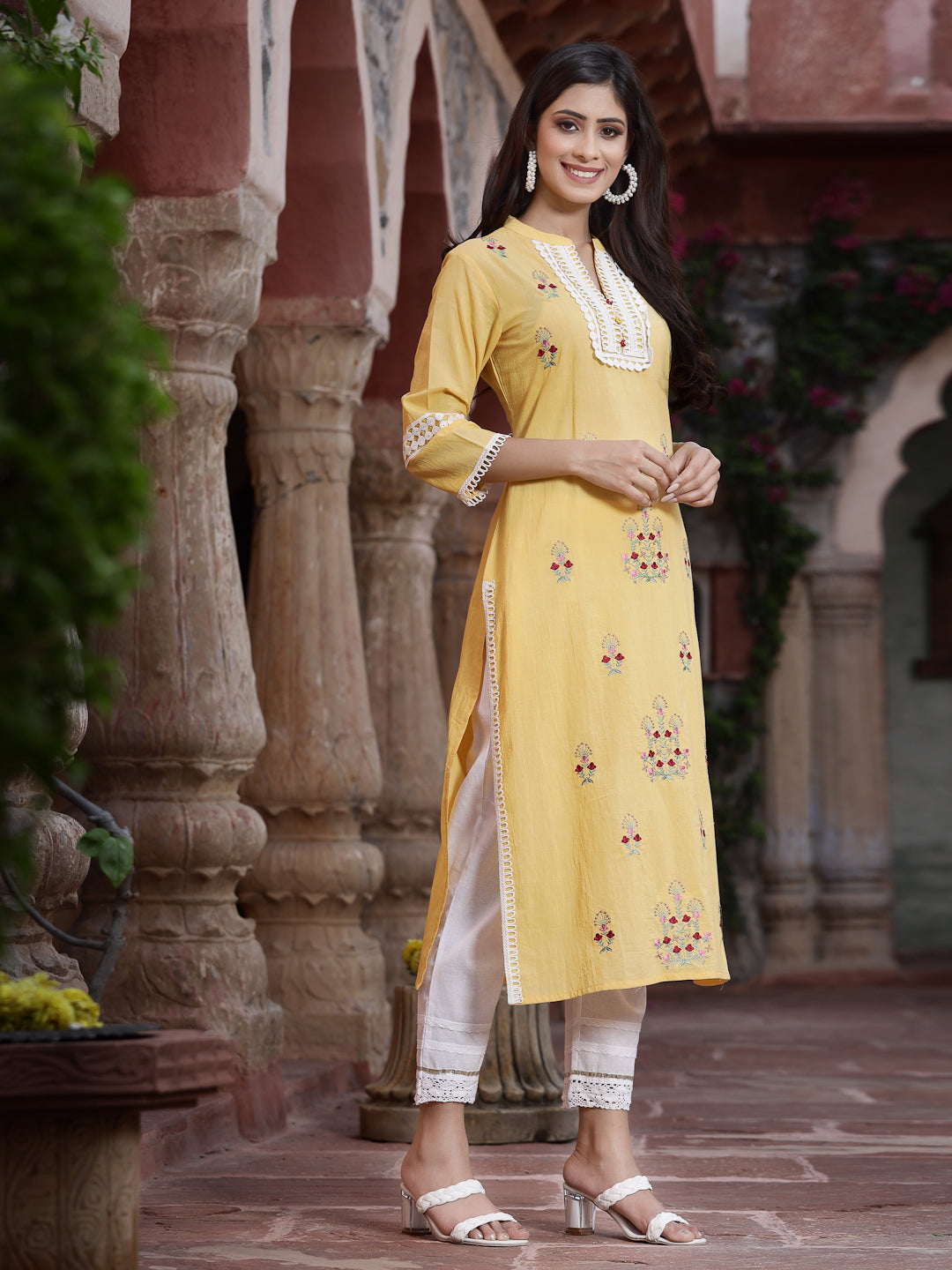 Yellow Cambric Embroidered Straight Kurta