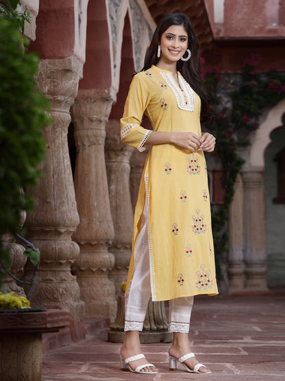 Yellow Cambric Embroidered Straight Kurta